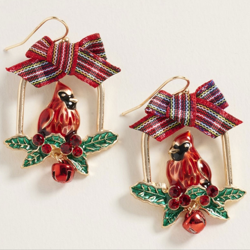Festive Cardinal Bird Christmas Earrings with Bow, Holly & Bell – Holiday Dangle